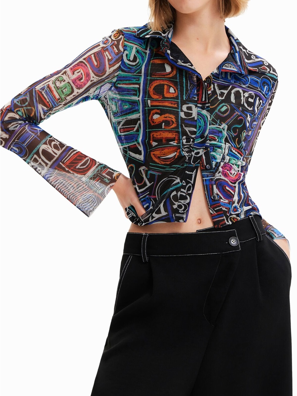 NEW Desigual Multicolor Graphic Button-Down Mesh Shirt